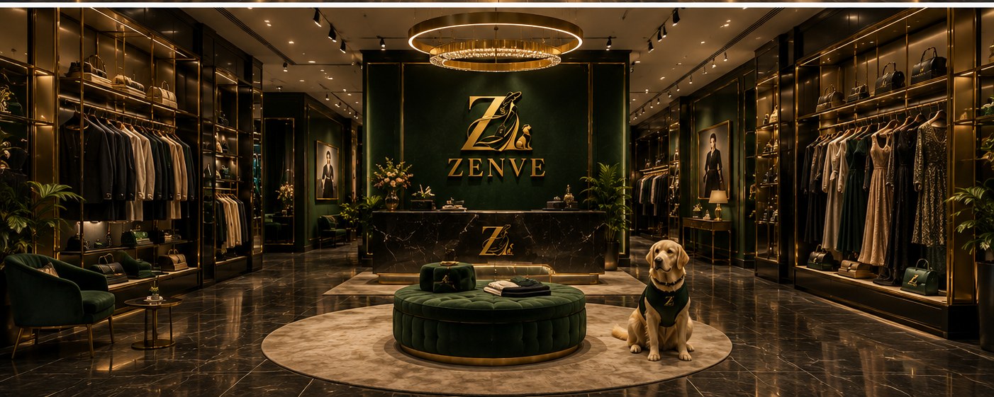 Zenve Fashion flagship storefront in emerald green and gold